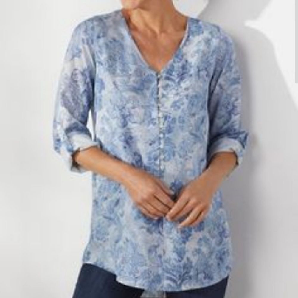 Soft Surroundings Sardinia Floral Blue Tencel Top